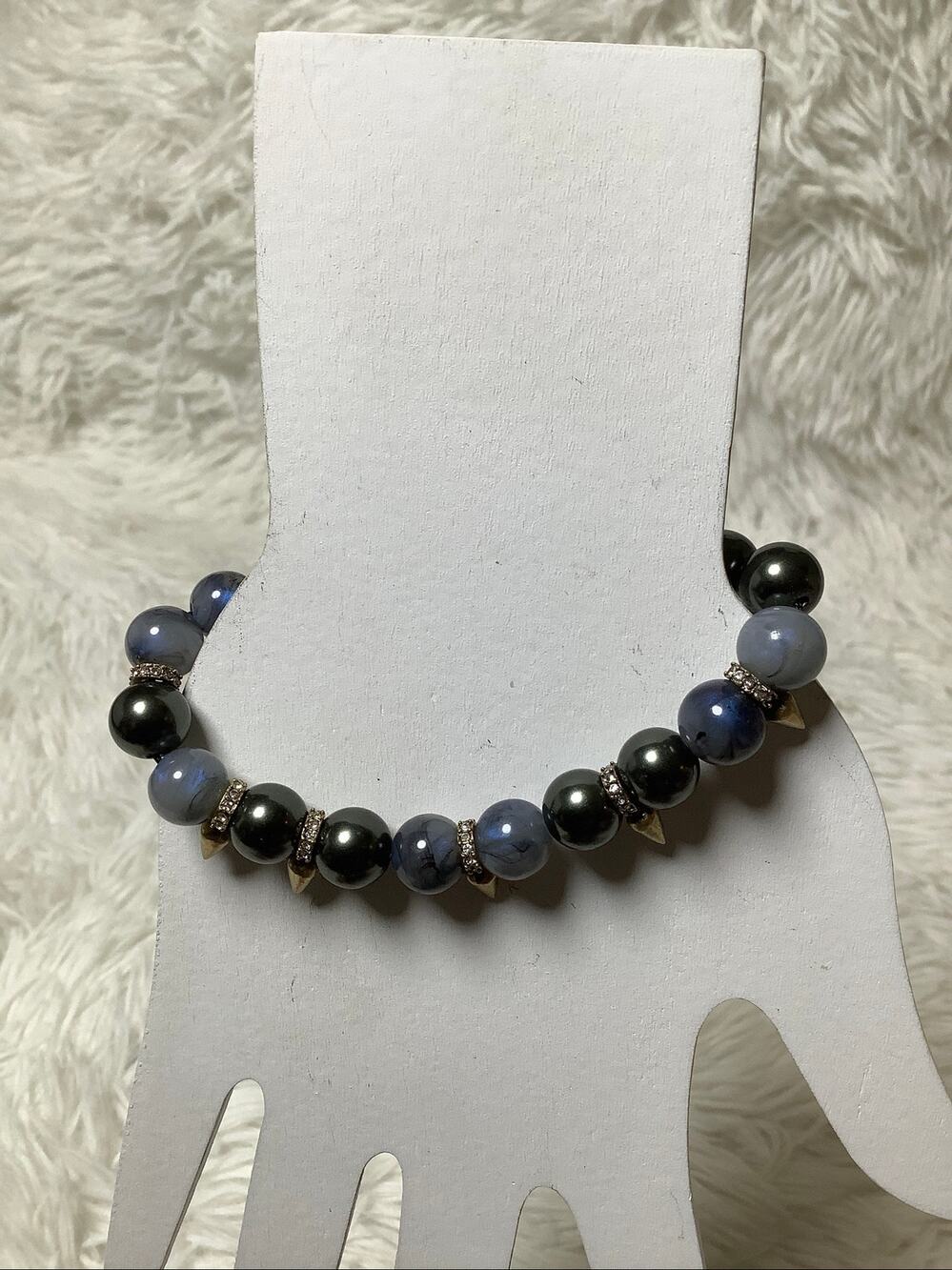 Stella & Dot Navy Gold Renegade Spike Charm Beaded Stretch Bracelet Edgy A1-43